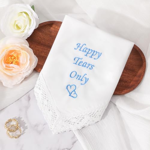 Image of HOULIFE Wedding Handkerchiefs for Bride Something Blue Bride Groom Gift | Soft Material, Breathable & Durable, Handkerchief for Bride on Wedding Day, Lace Edge