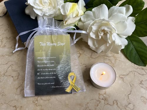 Image of 60 Set Funeral Ribbon Pins Memorial Pin Forever in Our Hearts Lapel Pin Remembrance Brooch with Prayer Cards & Organza Bags