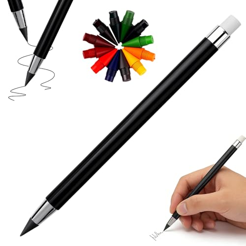 WUSAIRX Forever Pencil, Reusable Inkless Pencils with Erasers & Replaceable Nibs, No-Sharpening Writing Instrument for Drawing, Sketching, School & Office Supplies (1PCS Black (with 12 colored nibs))