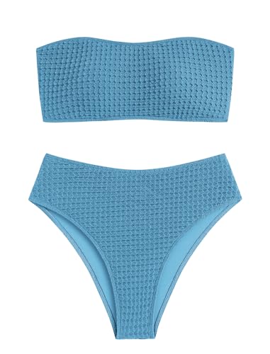 Image of ZAFUL Women's High Cut Bandeau Bikini Set Strapless Solid Color 2 Pieces Bathing Suit Swimsuit