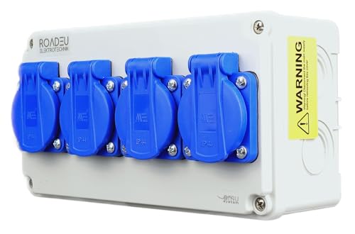 RoadEu - Steckdosenverteiler 4x Schuko 230V. Stromverteiler IP44 Für den Innen- und Außeneinsatz, Baustromverteiler 16A. Außensteckdose 4x 230V Schuko für Indoor Outdoor-Bereich