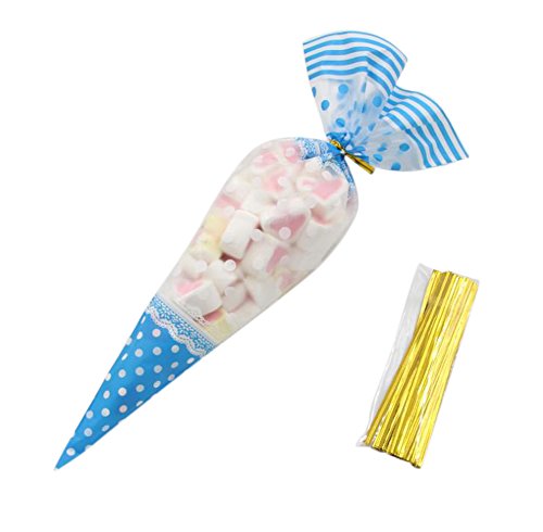 Chakil 50 pièces Cône Sacs Transparent Cônes Sacs sachets à bonbons Bonbons Emballage cadeau Sacs en plastique avec attache de câble, Bleu, 17 * 30 cm 17*30CM Blue 17*30cm