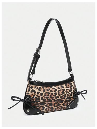 Image of QWINEE Women's Leopard Print Purse Y2k Cheetah Shoulder Bag Bow Studded Clutch Zipper Adjustable Strap Underarm Bag