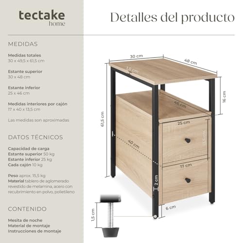 Miniatura 2 de Tectake Mesita De Noche Con 2 Cajones, Mesa Auxiliar Sofa, Mesitas De Noche, Decoracion Hogar, Oficina, Muebles, Mesita Auxiliar - 49,5 X 30 X 61,5 Cm Madera Industrial Clara, Roble Sonoma