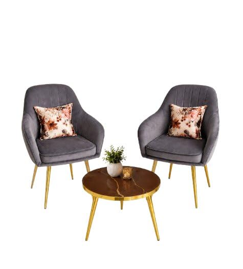 Velvet Accent Chair with Floral Cushion & Round Wooden Side Table | Modern Upholstered Lounge Chair for Living Room, Bedroom Office Chair (Grey)-image-17