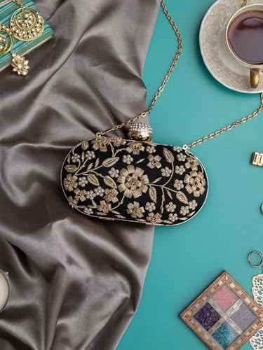 Image of THE TAN CLAN Hand Embroidered Luxury Clutch Purse for Women | Evening Hand Clutch Bag | Ladies Party Wedding Purse with Chain Strap | Ethnic Woman Handbag Gift for Birthday, Anniversary