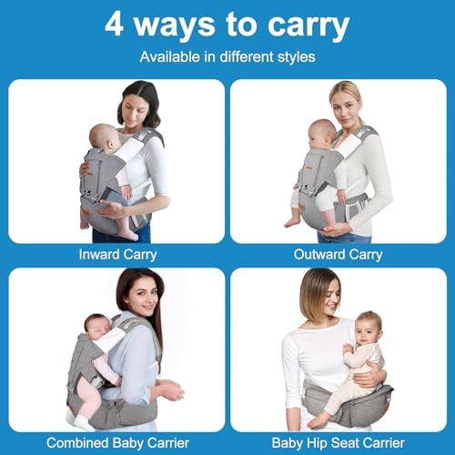 Baby Carrier Wrap with Lumbar Support, Safety-Certified 9-in-1 Baby Carrier Newborn to Toddler, Ergonomic Baby Carrier with Hip Seat, Detachable Baby Holder Carrier for Dad&Mom All Seasons (Grey)
