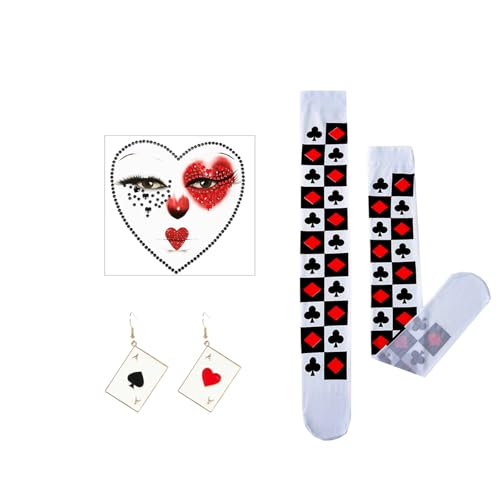 ASFWAGQ Karneval Kostüm Magier Poker Pokerkarten Porkerkarten Ohrringe Queen of Hearts Casino Party Porkerkarten Herzkönigin Halterlose Strümpfe Königinnen der Herzen für Faschings Accessoires
