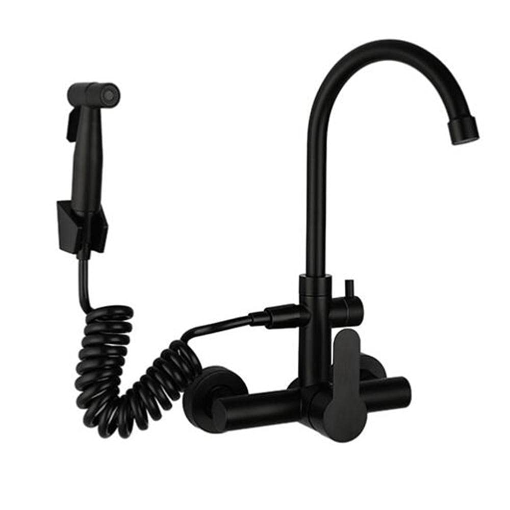 Robinet de cuisine mural noir en acier inoxydable double trou avec pistolet