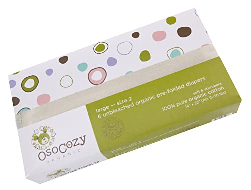 OsoCozy 6 Piece Organic Cotton Prefolds Diapers, Natural, Premium