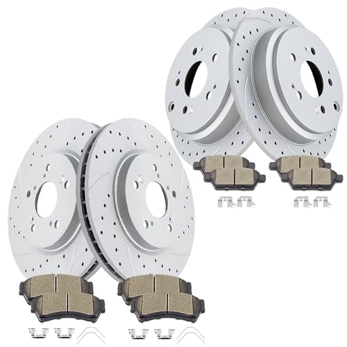Front and Rear Disc Rotors Ceramic Brake Pads Drilled and Slotted Brake Kit Replacement for Honda Odyssey 2005-2010