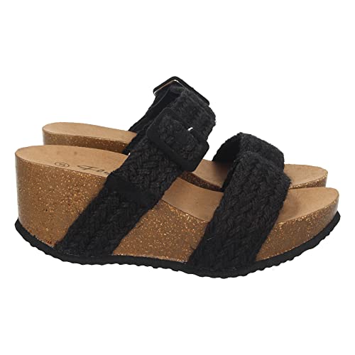 shoes&blues.es 65438-Sandalia de Cuna para Mujer, Comodas, con Planta Anatomica, Palas Forradas con Esparto, y Hebilla, Primavera Verano 2021. Talla 36 Negro Cover