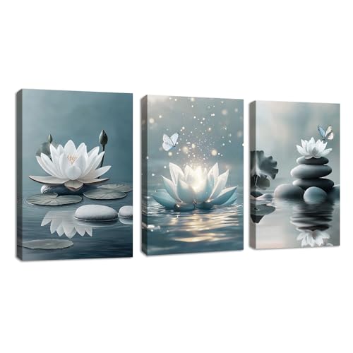 3 Pcs Bleu Gris Zen Méditation Tableau Décoration Murale Salon Impression sur Toile Blanc Lotus Floraison sur pierres dans lac Image sur Toile Peintures sur Toile...