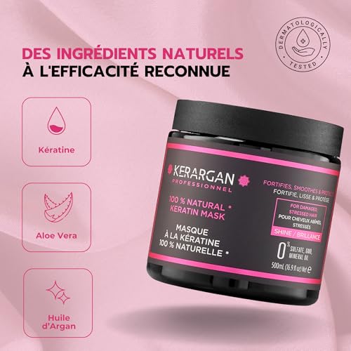 Kerargan - Masque Capillaire Ultra Réparateur à la Kératine 500ml pour Cheveux Abîmés et Stressés - Fortifie, lisse et protège - Sans Sulfate, OGM, Huile Minérale - 5