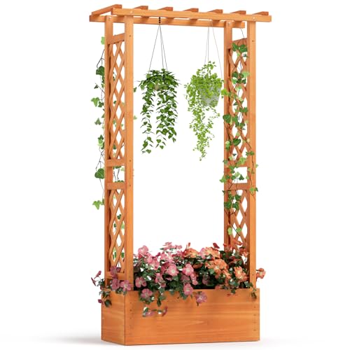 RELAX4LIFE Pflanzkasten mit Rankgitter & Dachregal, Blumenkasten mit Gartenspalier für Kletterpflanzen & Korbpflanzen, Rankkasten Holz, Blumenbeet für Balkon Terrasse Garten (Orange, 78 x 36 x 152 cm)