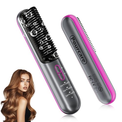 Cordless Hair Straightener Brush, Portable Travel Mini Hot Comb 3 Temps Settings 320°F to 392°F 20s Fast Heating 5000 mAh Rechargeable Battery,Negative Ionic for Smooth Frizz-Free Hair,Gift for Women