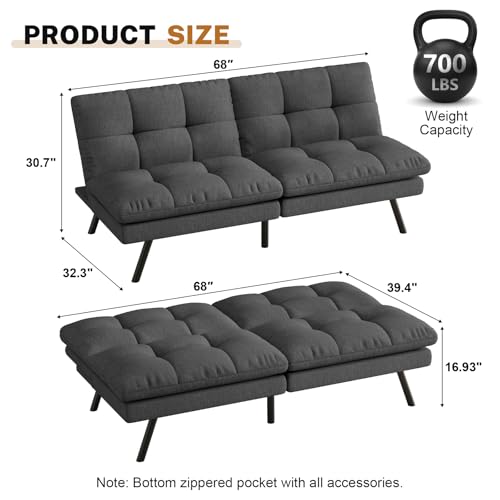 Vipbear Futon Sofa Bed- 68\" Modern Convertible Futon Couch Bed Split-Back Loveseat Sleeper Sofa Bed with Premium Memory Foam, Space-Saving Design Recliner Couches for Living Room, Dark Grey - Thumbnail 2