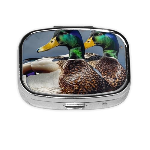 マガモのダックプリントピルボックス トラベルスクエアピルオーガナイザー ポータブルピルケース ミラーと2つのコンパートメント付き