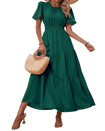 Image of PRETTYGARDEN Women's Casual Smocked Boho Floral A-Line Maxi Dress 2026 | Summer Short Flutter Sleeve Crewneck Tiered Long Sundress,Fall Wedding Guest Dresses,Spring Cute Flowy Beach Vacation Clothes
