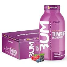 RAW Ready to Drink Pre-Workout Drink - BUM Thavage RTD Preworkout Shakes - Energy Supplement Drinks with Beta Alanine, L-Citrulline & Caffeine - Zero Sugar 12 Pack, Berry Blast