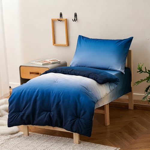 Image of Wellboo Blue White Gradient Toddler Bedding Sets for Girls Boys Ocean Sea Blue 4 Pieces Soft Crib Bed Set Including Comforter, Sheets and Pillowcase Kids Soft Abstract Art Watercolor Quilt Warm