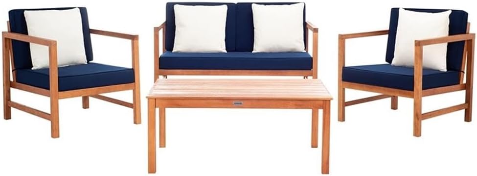 Pemberly Row 4 Piece Patio Sofa Set, Teak Brown and Navy Finish, Contemporary Design, Outdoor Furniture for Patio, Backyard or Garden Seating