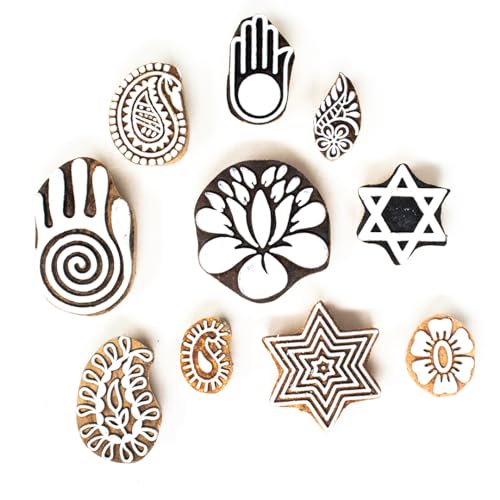 Image of Wooden Stamp Block, Printing Stamp Design Set | Block for Printing Saree Border | Dresses, Craft Card Making, Scrapbook, Clay Pottery | Set of 10