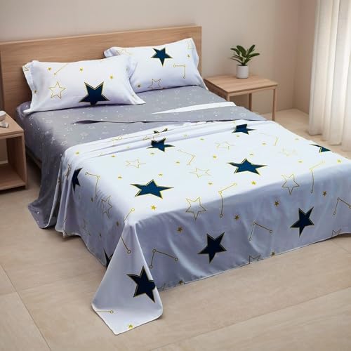 Etrexonline Juego de Sábanas 3 Piezas para Cama de 90 cm - Microfibra Suave y Transpirable, Incluye 1 Bajera Ajustable, 1 Encimera y 1 Funda de Almohada - Color Estrellas