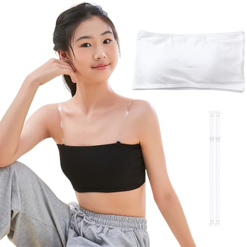 [KALOLINNA] チューブトップ キッズ パッド付き ガールズ コットンブラ ジュニアブラ 綿 ずれない 落ちない 子供用ブラジャー ハーフトップ 透明ストラップ ダンス 中学生 小学生 下着 (ホワイト)