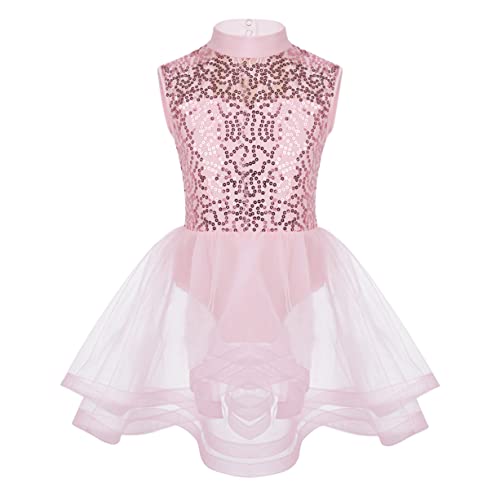 Hularka Kids Girls Sleeveless Irregular Dance Ice Skating Dress Mock Neck Sequins Gymnastics Ballet Dance Leotard Dress Pink 14 Years #TOP1