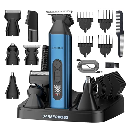 BarberBoss Tondeuse à barbe 5-en-1 homme, Tondeuse corps & cheveux, nez et oreilles, Kit toilettage pour homme, Tondeuse sans fil rechargeable, Kit...