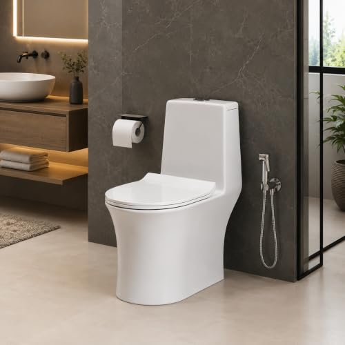 Image of KrissKross One-Piece Ceramic Western Toilet, Dual-Flush Water-Saving, Soft-Close Seat, Rimless Hygienic Design, Compact Elongated Bowl, Floor-Mounted, White