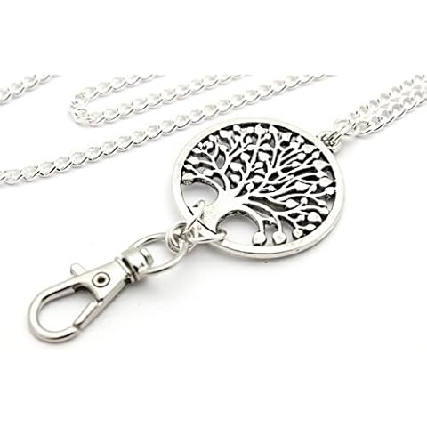 Brenda Elaine Jewelry Silver Plated Women's Fashion Lanyard Necklace ID Badge Holder, 32 Inch w/Tree of Life and Rear Magnetic Break Away Clasp Cover