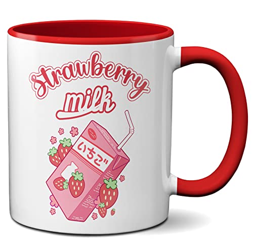 Japanese Strawberry Milk Shake Kawaii Taza de café blanca con borde y asa rojo