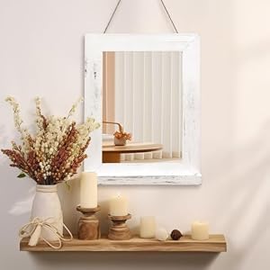 QDSSDECO 1620 Wall Mirror with Shelf Farmhouse Decor Rectangular Mirror Hanging for Bathroom Vanity Bedroom Entryway Living RoomWhite with Hemp Rope