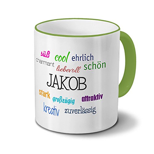 printplanet Tasse mit Namen Jakob - Positive Eigenschaften von Jakob - Namenstasse, Kaffeebecher, Mug, Becher, Kaffeetasse - Farbe Grün