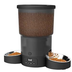 SURDY Automatic Cat Feeder for 2 Cats, 3L Cat Food Dispenser Auto Cat Feeder with 2 Stainless Bowls, 10s Meal Call Dual Power Supply and Timer Setting 12 Portions 6 Meals Per Day for Cats (Black, 5L)