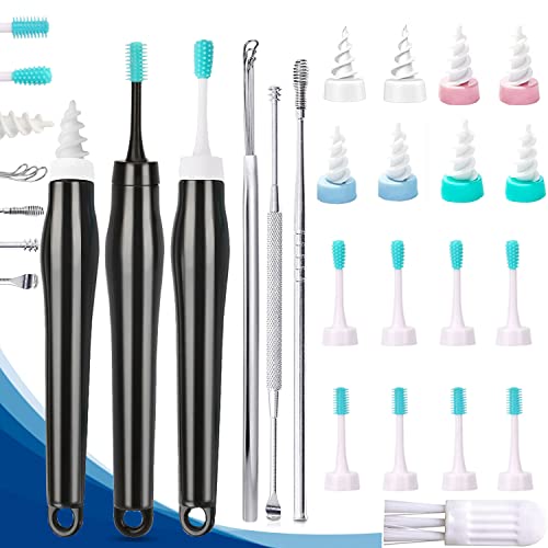 Earwax Remover Soft Silicone Ear Cleaning Tool With 16 Replacement Heads,8 Brush Head And 8 Q Grips Tips+4 Pcs Metal Ear Picker Set, Safe And Effective To Remove Ear Wax For Adults And Kids #TOP5