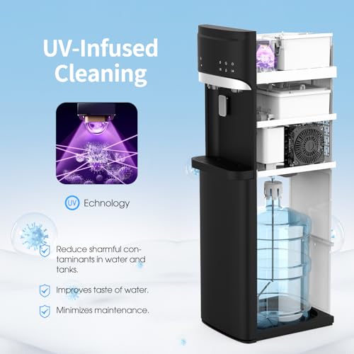 SOOPYK Self Cleaning Hot and Cold Bottom Load Water Cooler Dispenser with Ice Maker for 5 Gallon 3 Temperature Settings 22lbs Daily Capacity Black