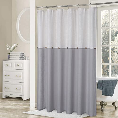 Homerry Grey And White Button Shower Curtains Rustic Country Color Block Linen Blend Fabric Water Resistant Farmhouse Shower Curtain For Bathroom Washable, 72W X 72L, Grey/White #TOP6