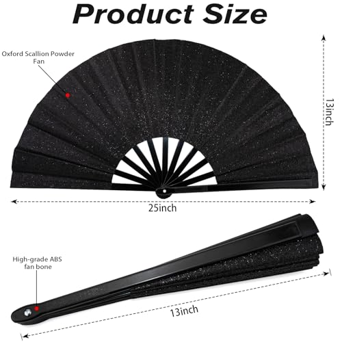 13\" Glitter Large Rave Fans Clap Fans for Line Dancing Folding Clack Handheld Foldable Decorative Fans Hand Fan for Dance, EDM Music Festivals & Parties(Black)