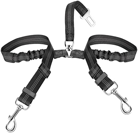 SlowTon Double Dog Seat Belt, Adjustable Elastic Dog Car Harness Seatbelt with Anti-Shock Bungee Buffer, Heavy Duty Reflective Puppy Cars Restraint Pet Safety Belts Clip for Travel Daily Use