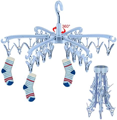 GmeDhc 24 Pegs Folding Sock Dryer, Sock Hanger for Washing Line, Hanging Clothes Drying Racks, Rotable Sock Hangers with Clips, for Clothes Underwear Socks Lingerie (blue)