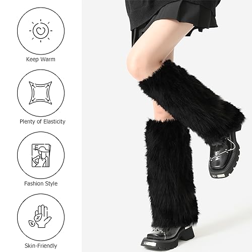 PHOGARY Faux Fur Fuzzy Leg Warmers Furry Boot Covers for Women Girls, Black Winter Furry Long Boot Cuffs Fuzzy Shoes Cover 80s Socks for Party Costumes - Thumbnail 2