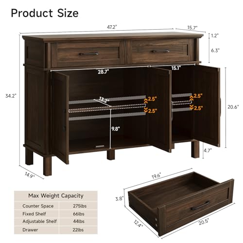 Image of ONBRILL 48 Inch Buffet Cabinet with Storage, Farmhouse Sideboard Buffet w /2 Drawers and 3 Doors, Wood Coffee Bar Cabinet with Adjustable Shelves, Sideboard Storage for Kitchen, Living Room, Walnut