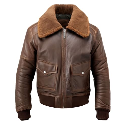 Men's Coffee Brown Genuine Sheepskin Leather Jacket with Warm Shirt Collar, Ribbed Cuffs, Zip-up, Stylish Aviator Bomber.