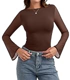 PINKMSTYLE Bell Sleeve Mesh Top Ruched Boat Neck Sheer Long Sleeve Tops for Women Country Club Outfits Brown Large
