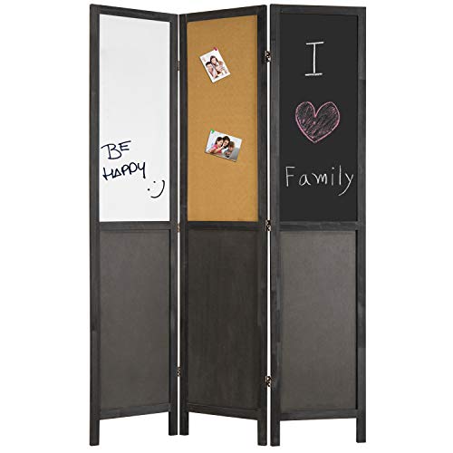 Mygift 5.9 Ft Tall Room Divider With Double-Sided Chalkboard Whiteboard And Cork Bulletin Board - 3 Panel Distressed Black Wood Multipurpose Folding Screen Furniture Décor #TOP30