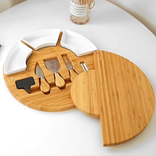 Vaiyer Charcuterie Cheese Cutting Board Set Includes 13 Inch Round Cheese Board With 3 Knives, 3 Ceramic Bowls With 2 Slate Labels And Chalk Marker, Cheese Serving Platter Meat, Housewarming Gift #TOP6