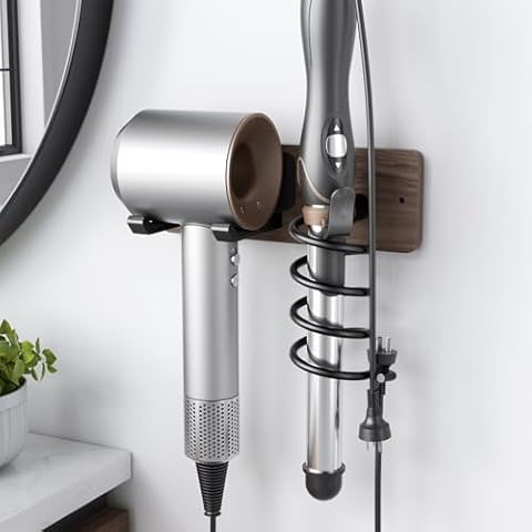 Tindbea Hair Dryer Holder Curling Iron Holder, Blow Dryer Holder Wall Mount, Bathroom Hair Tool Organizer Rack for Universal Dryer, Walnut Matte Black Cover